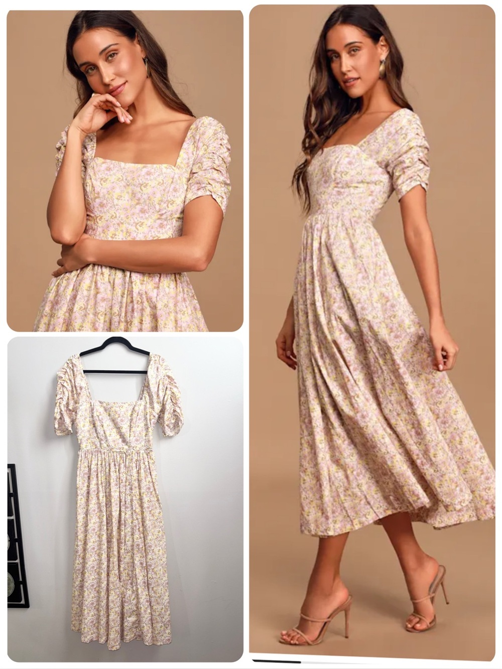 FREE PEOPLE She's A Dream Floral Print Puff Sleeve Midi Dress Cream Pink Size 4